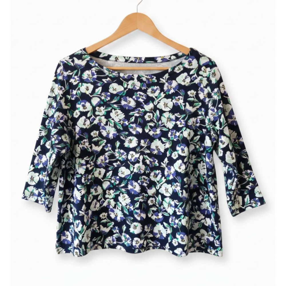 Croft & Barrow‎ Plus 3X Floral Boat Neck Top Blue Green 3/4 Sleeve Classic Tee